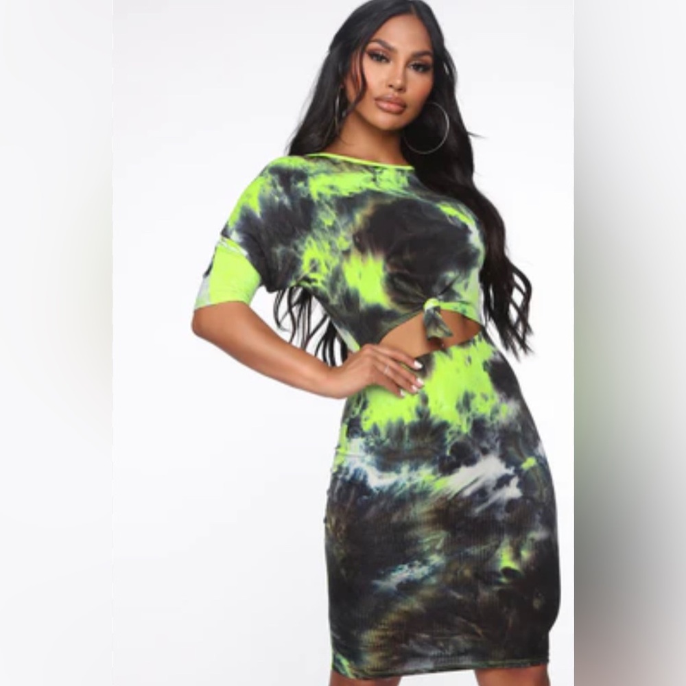 Tie Dye dress, neon green, black, white, Fashion Nova